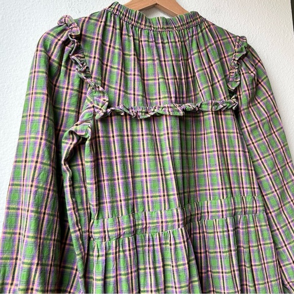 shirt by rochelle behrens Green Pink Flannel Plaid Ruffle Long Sleeve Dress Sz S - Picture 6 of 12